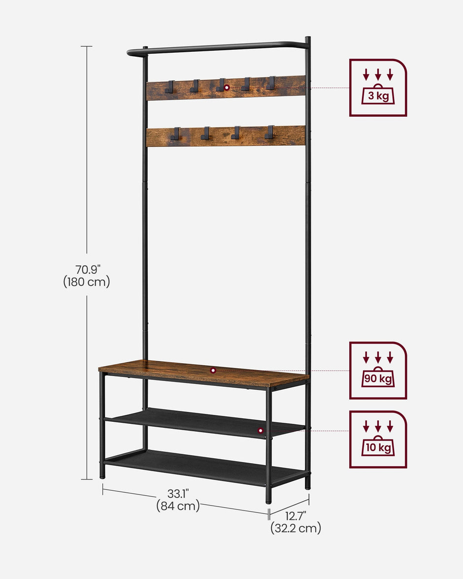 Coat Stand – Wood – Industrial Finish – With Shoe Bench and 9 Movable Hooks