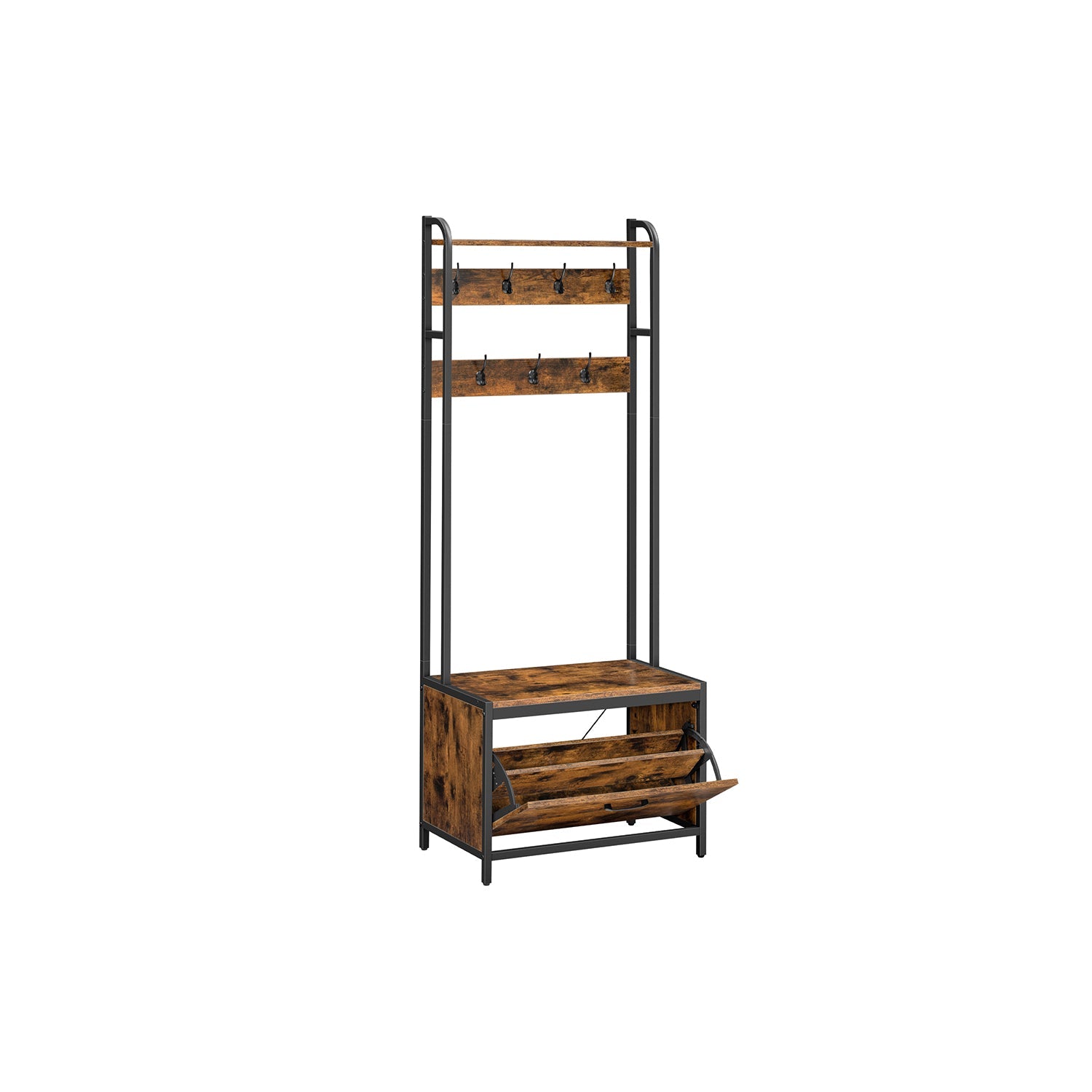 Coat Rack – Wood – Industrial Style – With Bench, 7 Hooks, and Shoe Storage