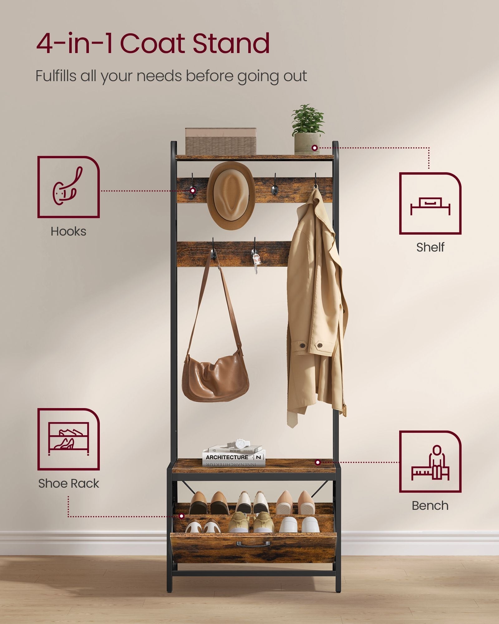 Coat Rack – Wood – Industrial Style – With Bench, 7 Hooks, and Shoe Storage