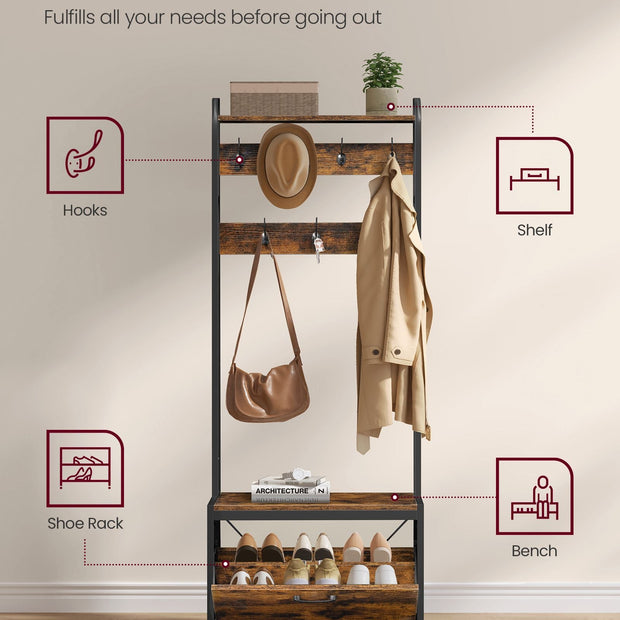 Coat Rack – Wood – Industrial Style – With Bench, 7 Hooks, and Shoe Storage