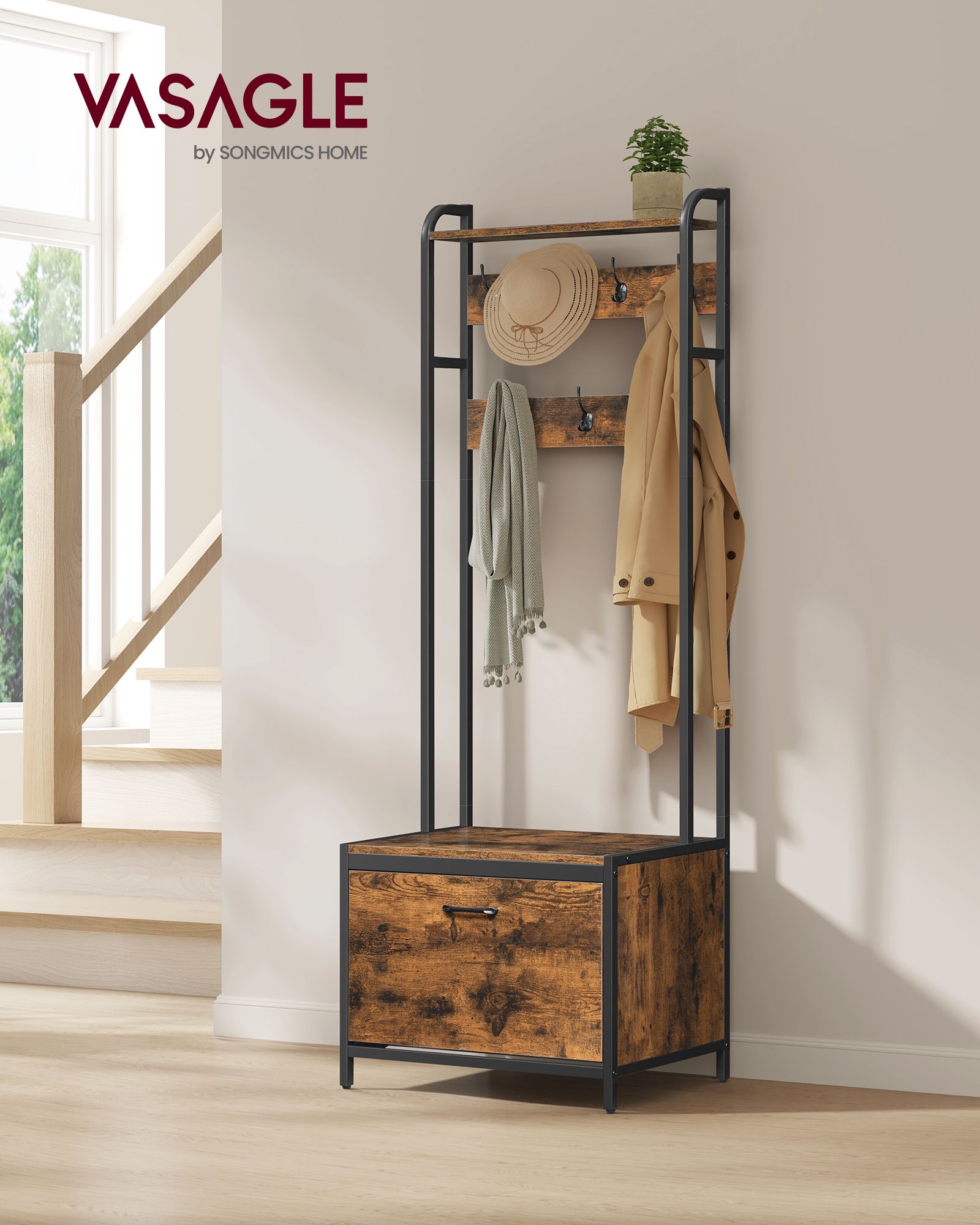 Coat Rack – Wood – Industrial Style – With Bench, 7 Hooks, and Shoe Storage