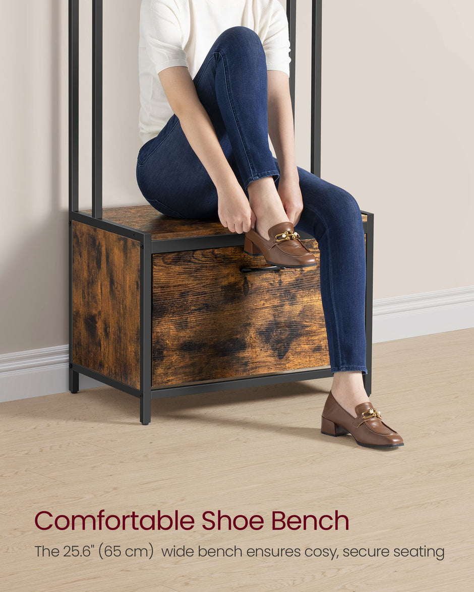 Coat Rack – Wood – Industrial Style – With Bench, 7 Hooks, and Shoe Storage