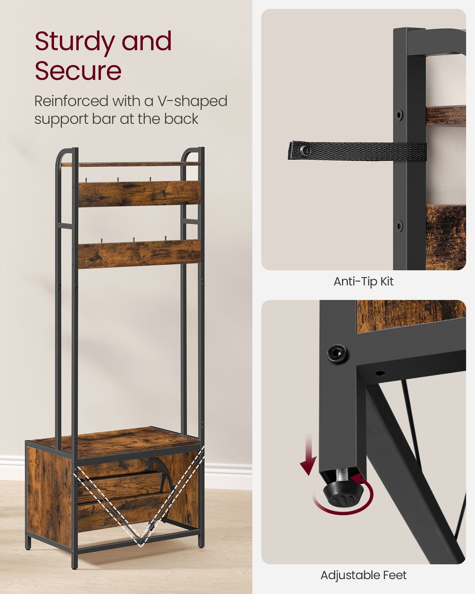 Coat Rack – Wood – Industrial Style – With Bench, 7 Hooks, and Shoe Storage