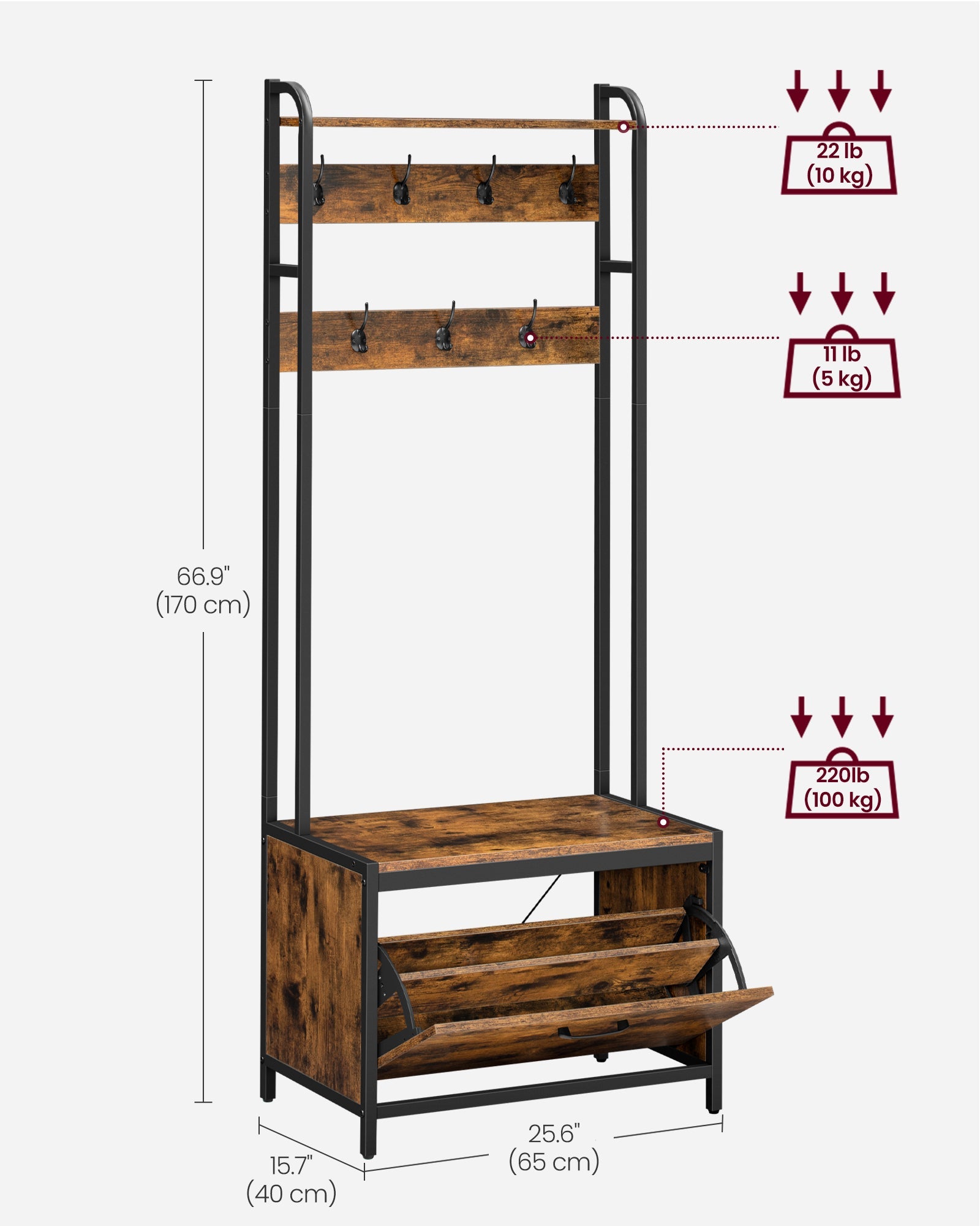 Coat Rack – Wood – Industrial Style – With Bench, 7 Hooks, and Shoe Storage