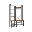 Coat Rack with Shoe Bench – Wood – Brown – 9 Hooks, 5 Shelves, and Shoe Storage