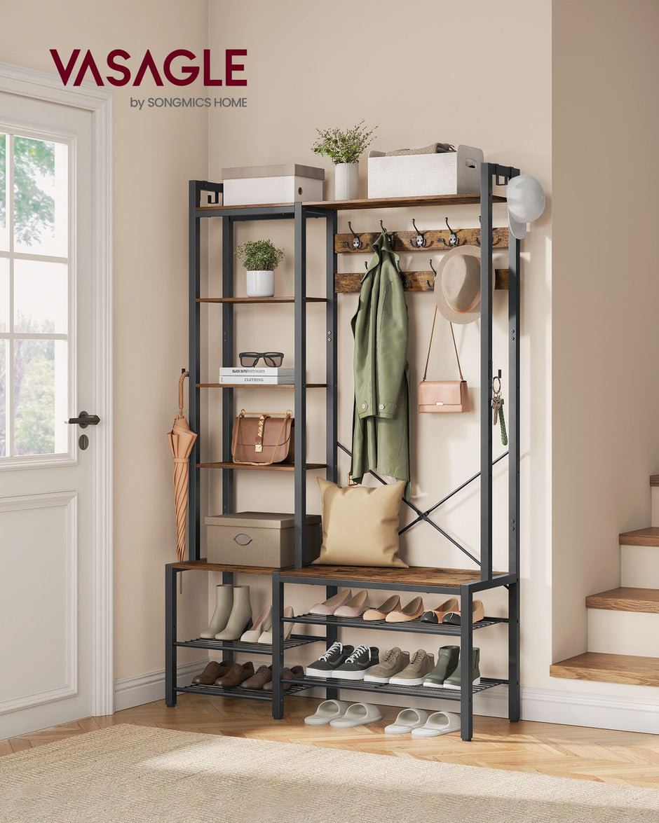 Coat Rack with Shoe Bench – Wood – Brown – 9 Hooks, 5 Shelves, and Shoe Storage