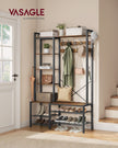 Coat Rack with Shoe Bench – Wood – Brown – 9 Hooks, 5 Shelves, and Shoe Storage