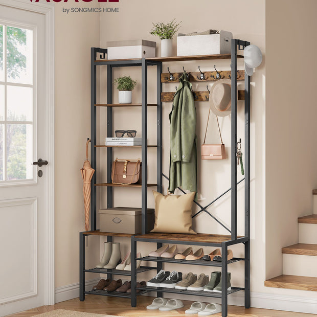 Coat Rack with Shoe Bench – Wood – Brown – 9 Hooks, 5 Shelves, and Shoe Storage