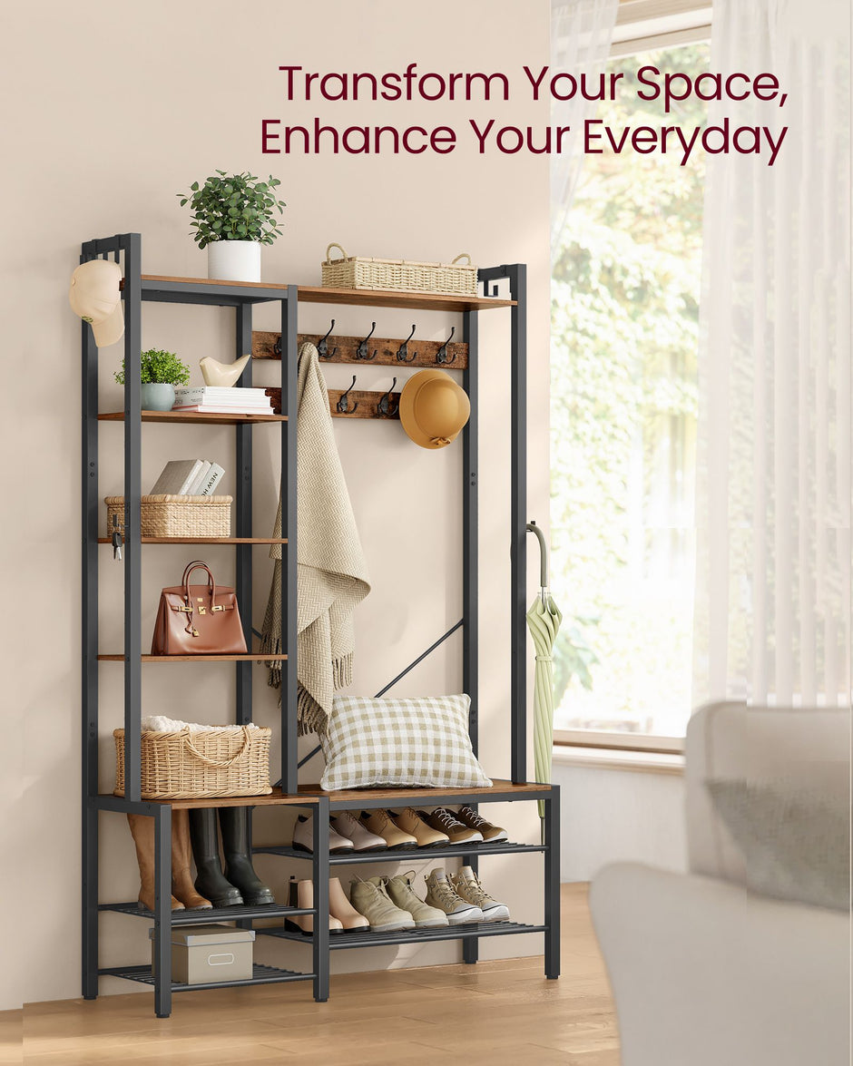 Coat Rack with Shoe Bench – Wood – Brown – 9 Hooks, 5 Shelves, and Shoe Storage