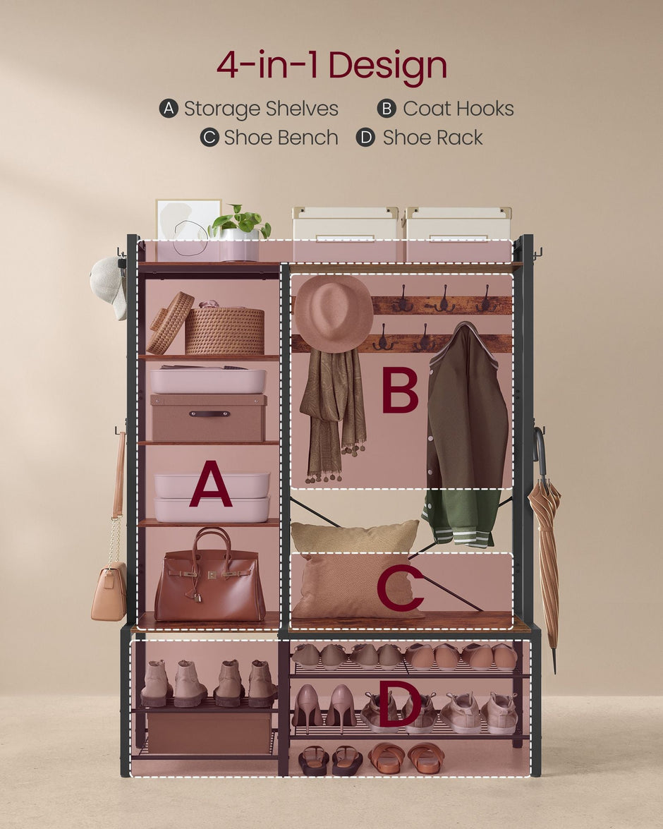 Coat Rack with Shoe Bench – Wood – Brown – 9 Hooks, 5 Shelves, and Shoe Storage