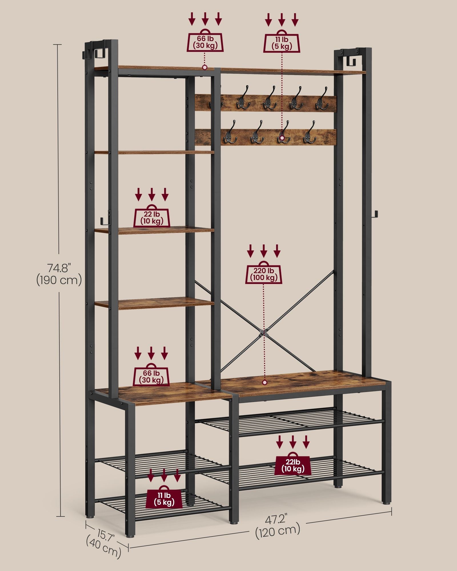 Coat Rack with Shoe Bench – Wood – Brown – 9 Hooks, 5 Shelves, and Shoe Storage