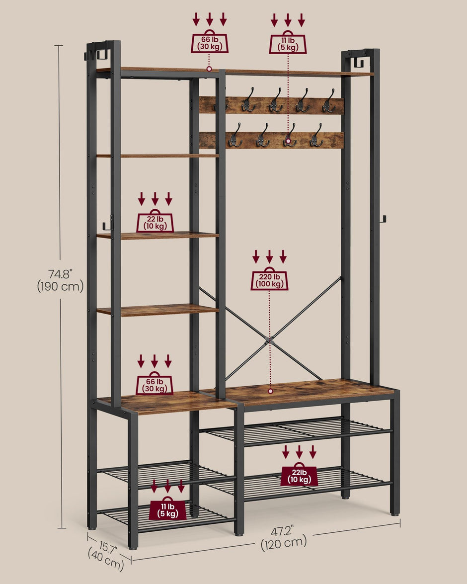 Coat Rack with Shoe Bench – Wood – Brown – 9 Hooks, 5 Shelves, and Shoe Storage