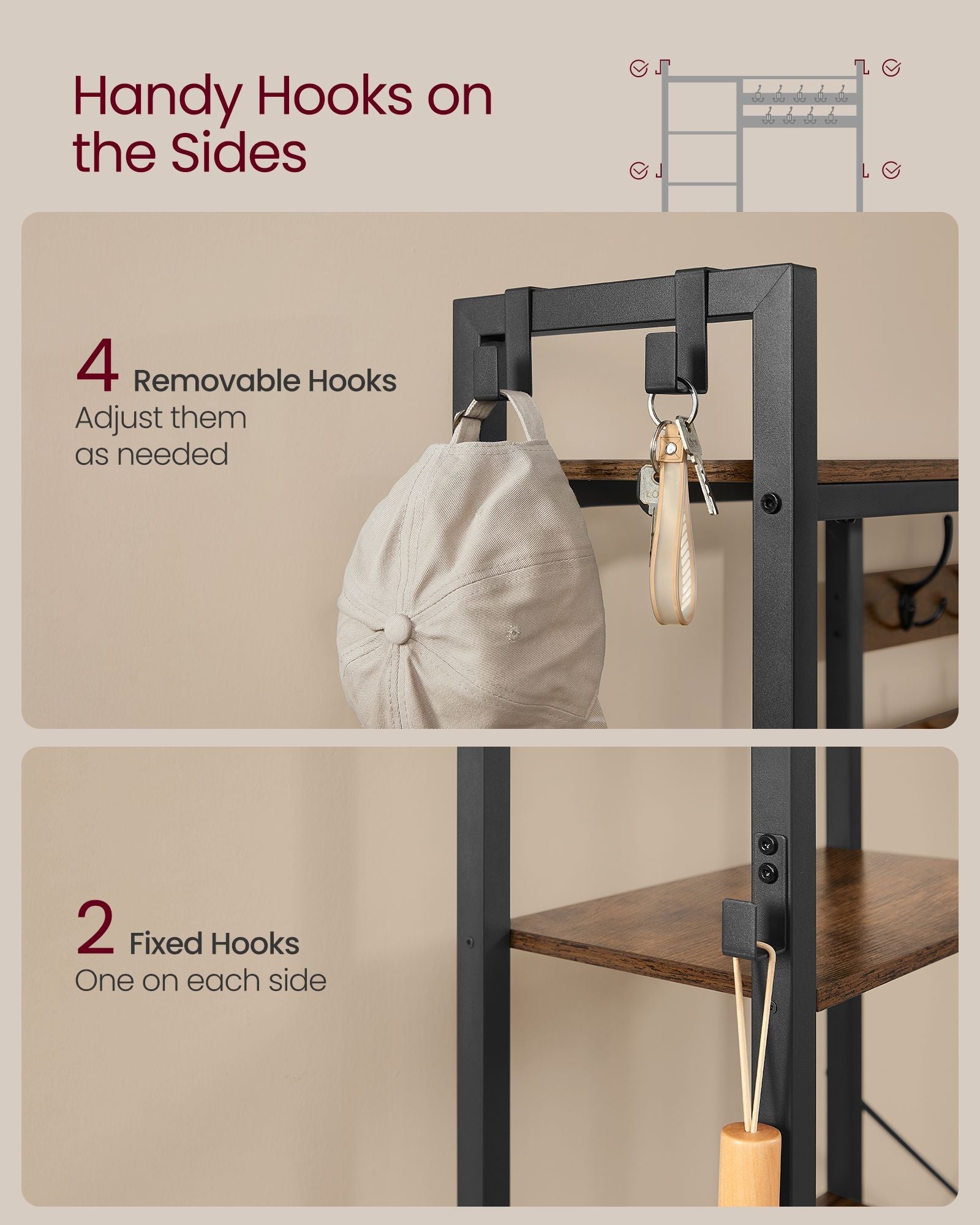 Coat Rack with Shoe Bench – Wood – Brown – 9 Hooks, 5 Shelves, and Shoe Storage