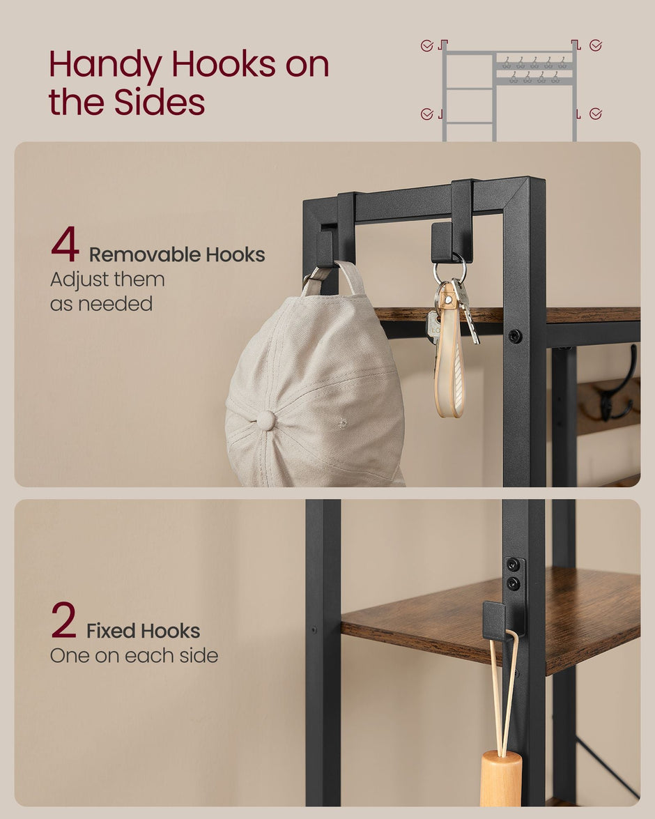 Coat Rack with Shoe Bench – Wood – Brown – 9 Hooks, 5 Shelves, and Shoe Storage