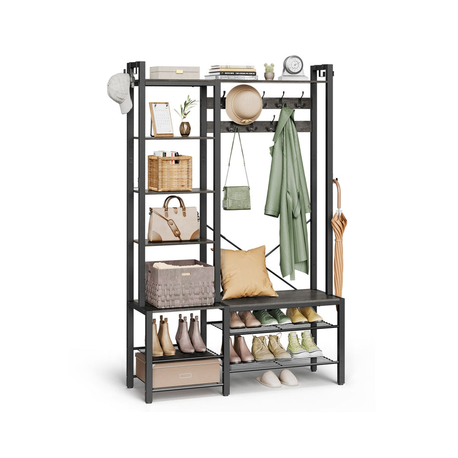 Hall Tree – Engineered Wood – Brown – Bench with Shoe Storage and Multiple Hooks