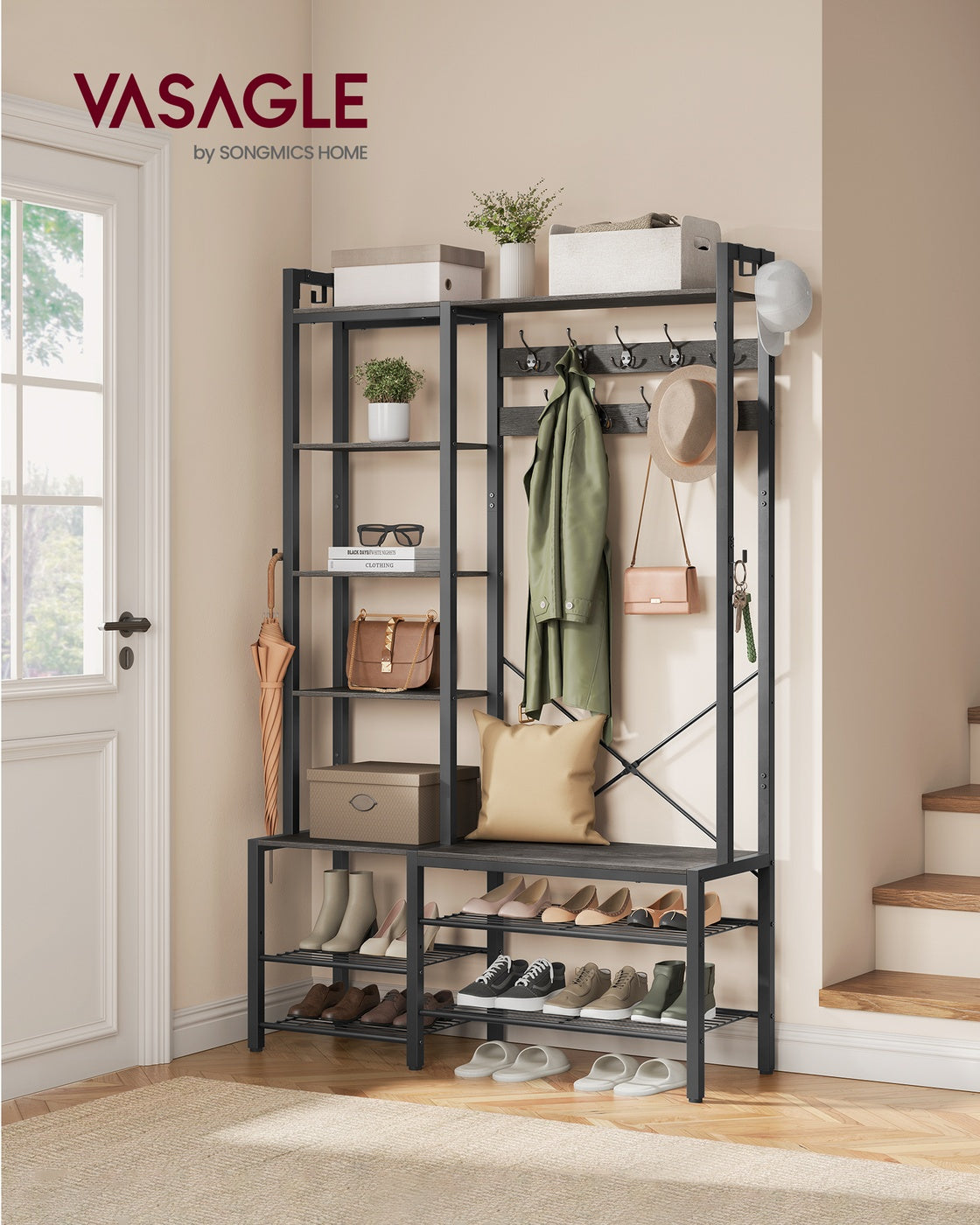 Hall Tree – Engineered Wood – Brown – Bench with Shoe Storage and Multiple Hooks