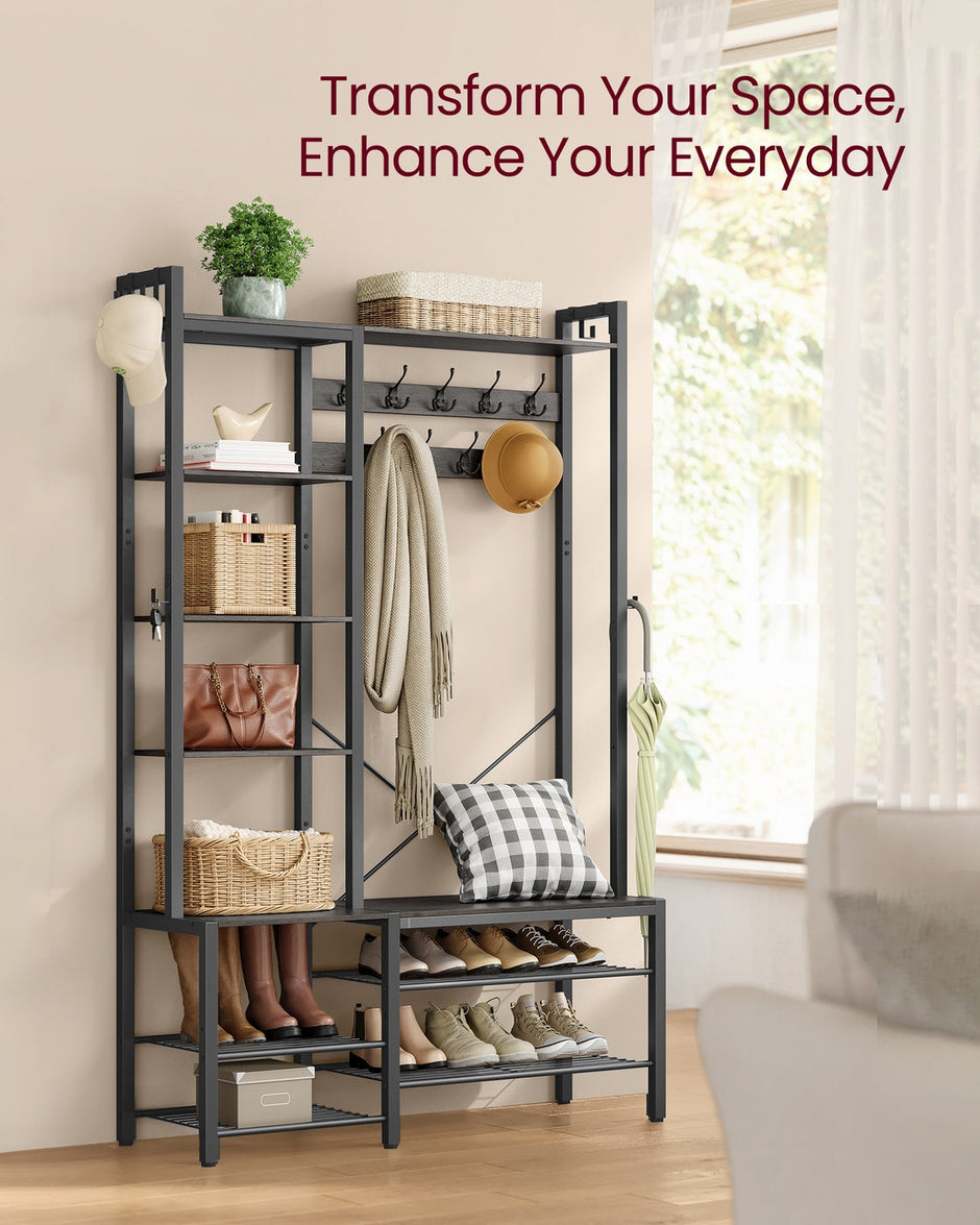 Hall Tree – Engineered Wood – Brown – Bench with Shoe Storage and Multiple Hooks