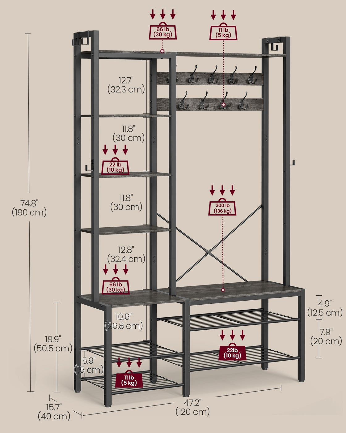 Hall Tree – Engineered Wood – Brown – Bench with Shoe Storage and Multiple Hooks