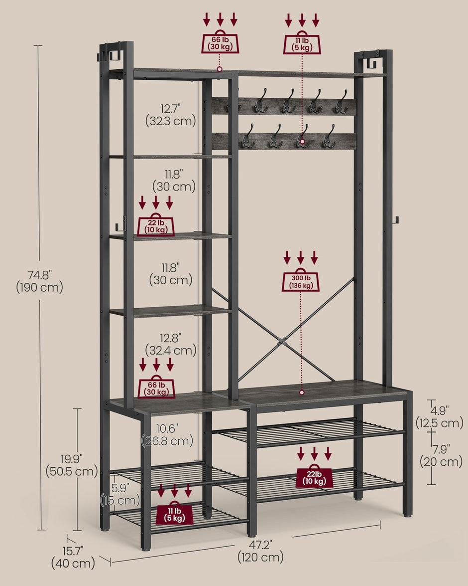 Hall Tree – Engineered Wood – Brown – Bench with Shoe Storage and Multiple Hooks