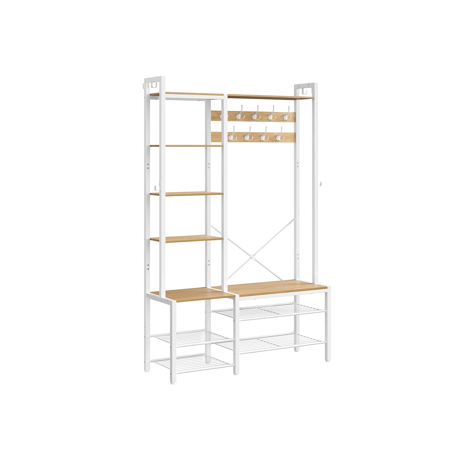 Hallway Coat Rack – Engineered Wood – Golden Oak and Cloud White – Bench with Shoe Storage and Multiple Hooks