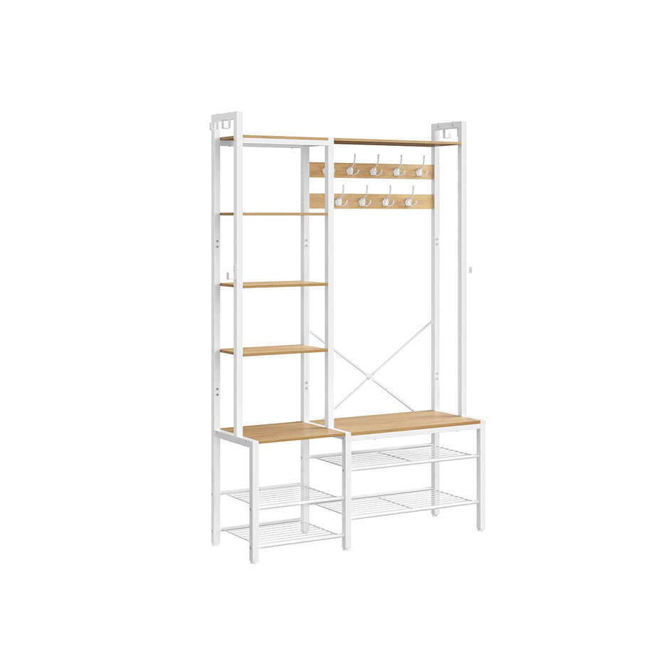 Hallway Coat Rack – Engineered Wood – Golden Oak and Cloud White – Bench with Shoe Storage and Multiple Hooks