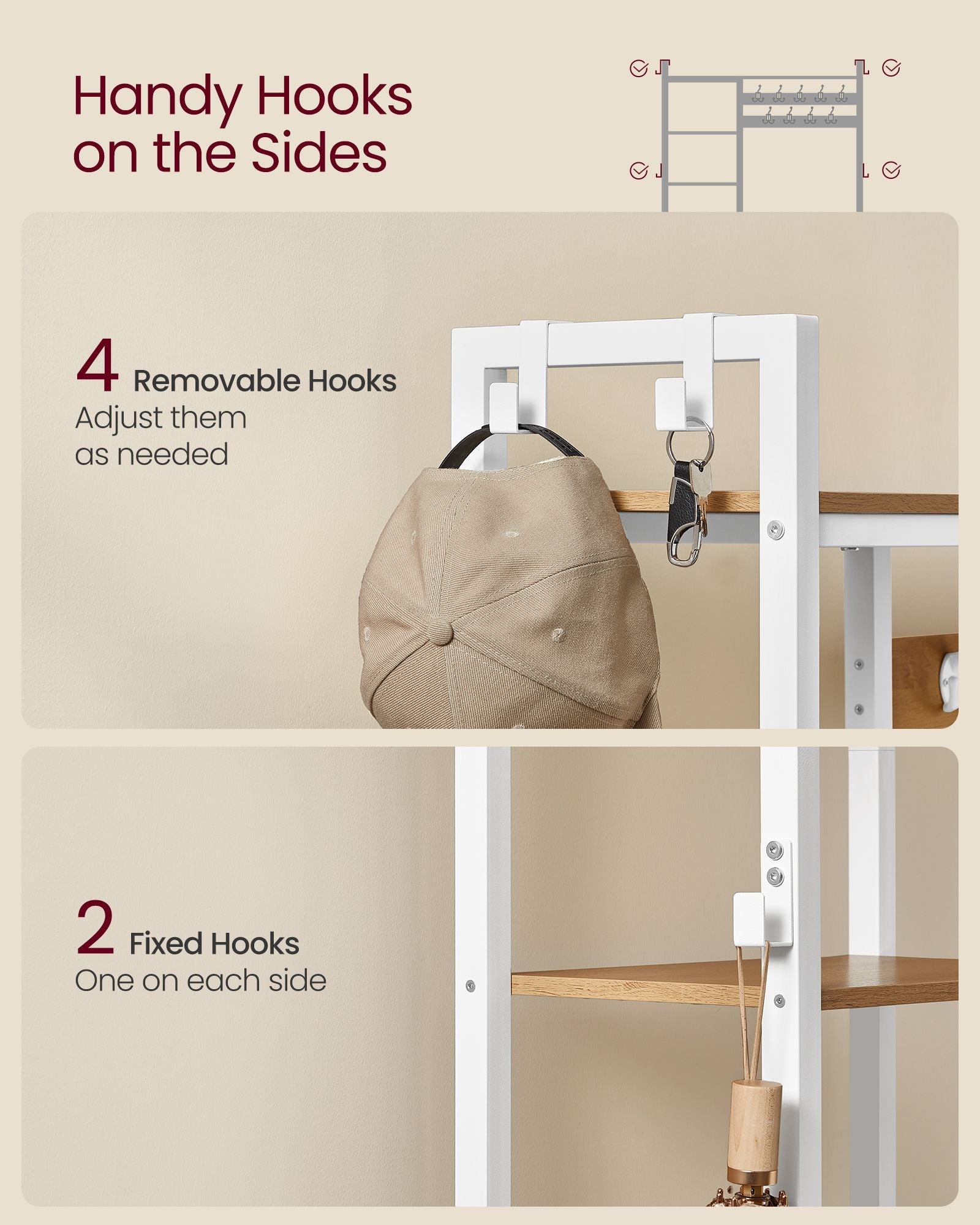 Hallway Coat Rack – Engineered Wood – Golden Oak and Cloud White – Bench with Shoe Storage and Multiple Hooks