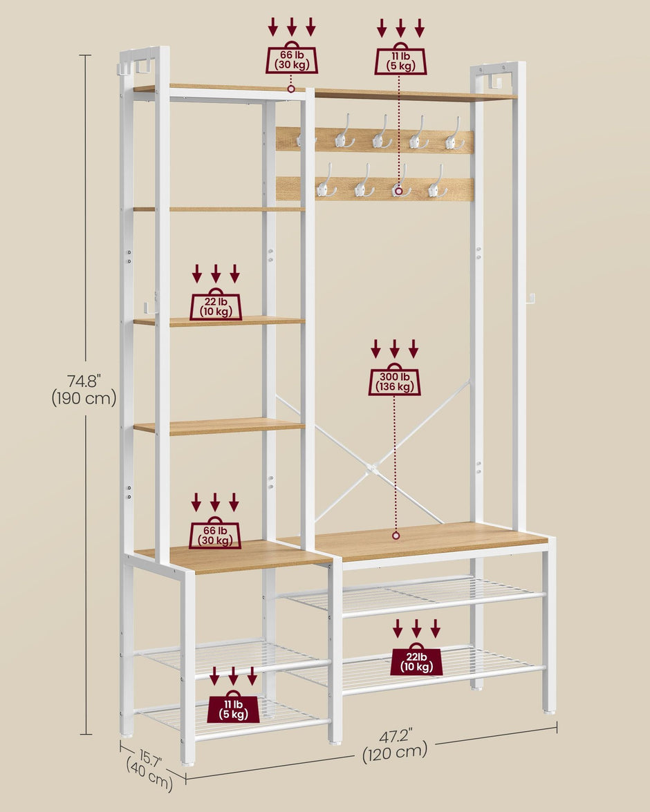 Hallway Coat Rack – Engineered Wood – Golden Oak and Cloud White – Bench with Shoe Storage and Multiple Hooks