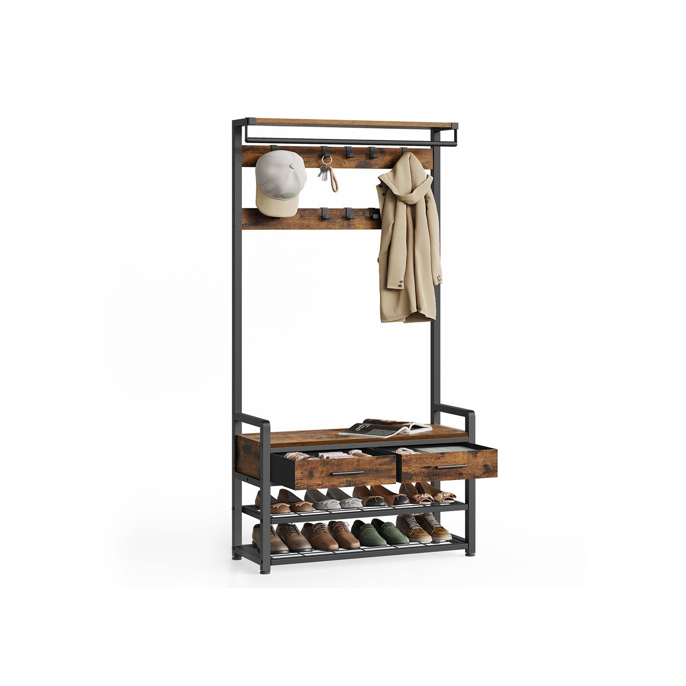 Hall Tree – Wood – Natural – With Bench, Shoe Storage, 2 Fabric Drawers, and 10 Hooks