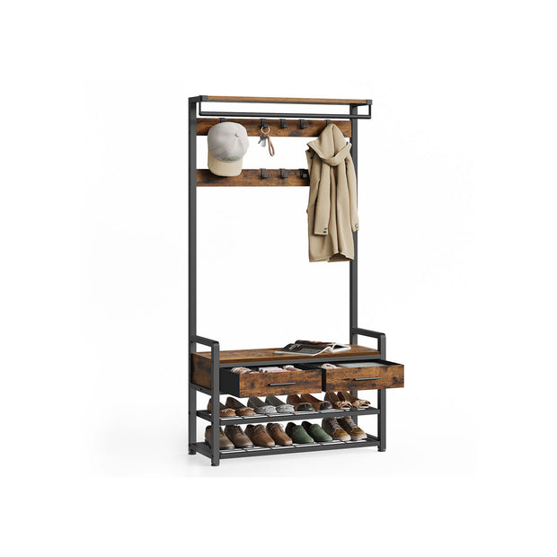 Hall Tree – Wood – Natural – With Bench, Shoe Storage, 2 Fabric Drawers, and 10 Hooks