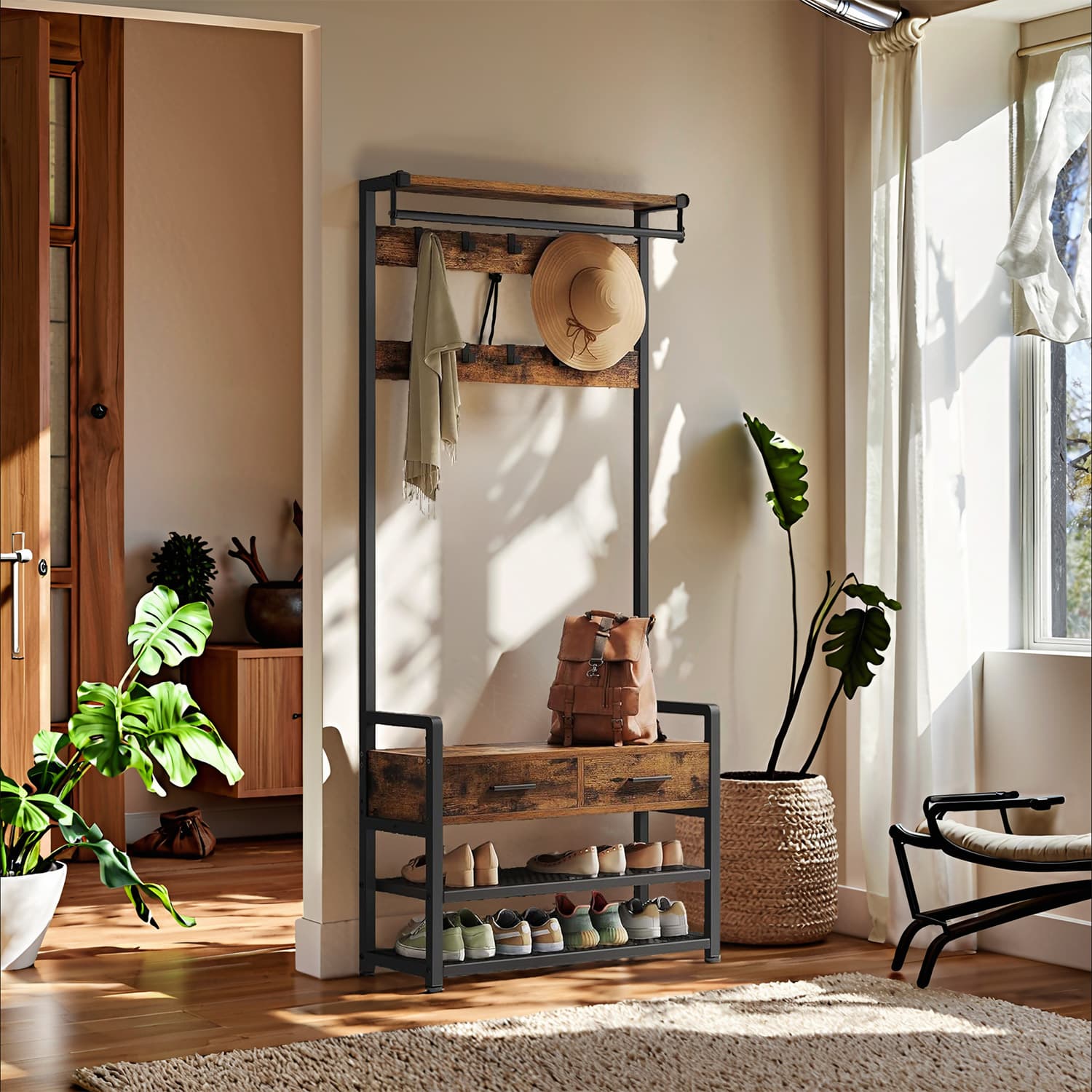 Coat and Shoe Rack – Wood – Brown – With Bench, 2 Fabric Drawers, and 10 Hooks
