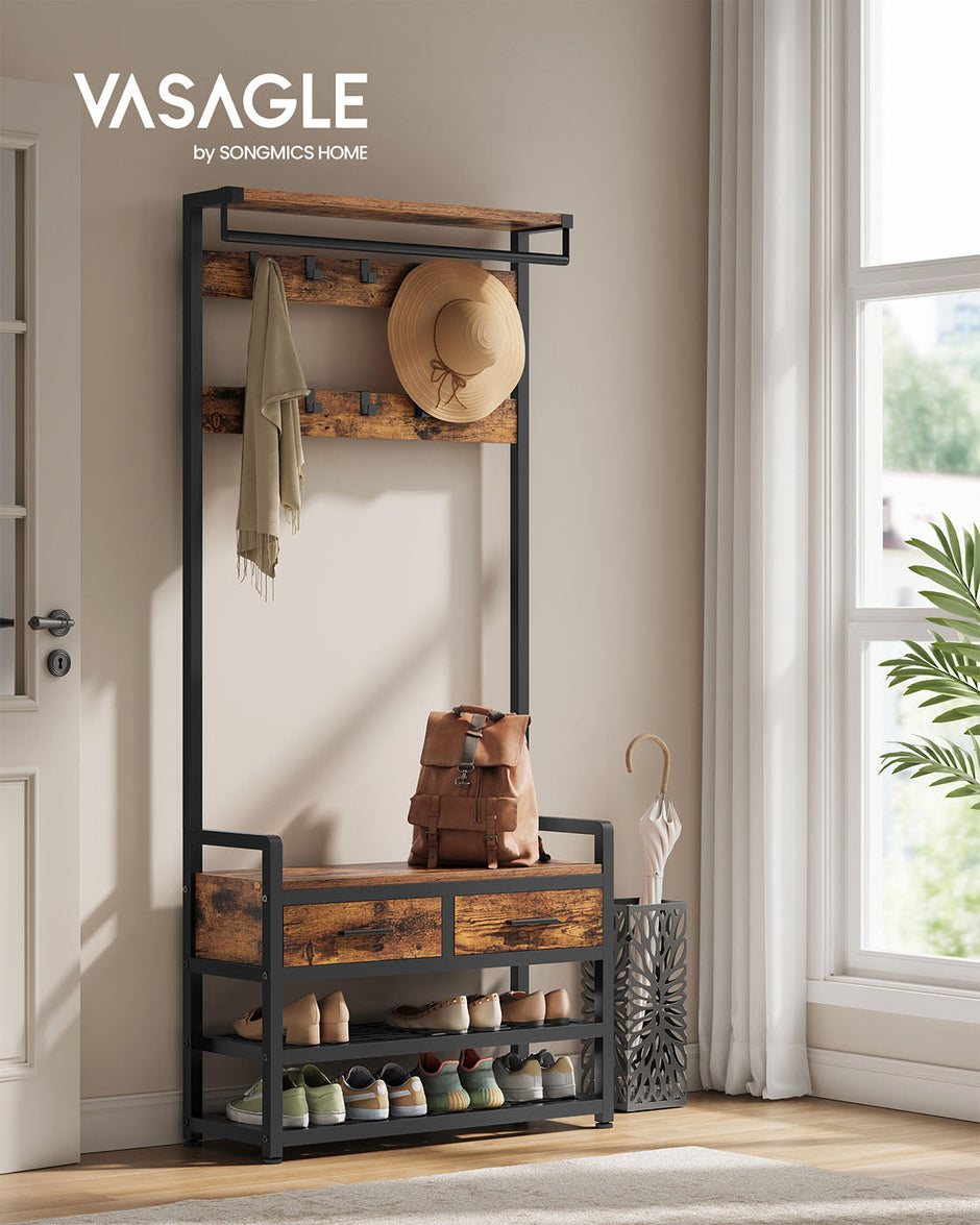 Hall Tree – Wood – Natural – With Bench, Shoe Storage, 2 Fabric Drawers, and 10 Hooks