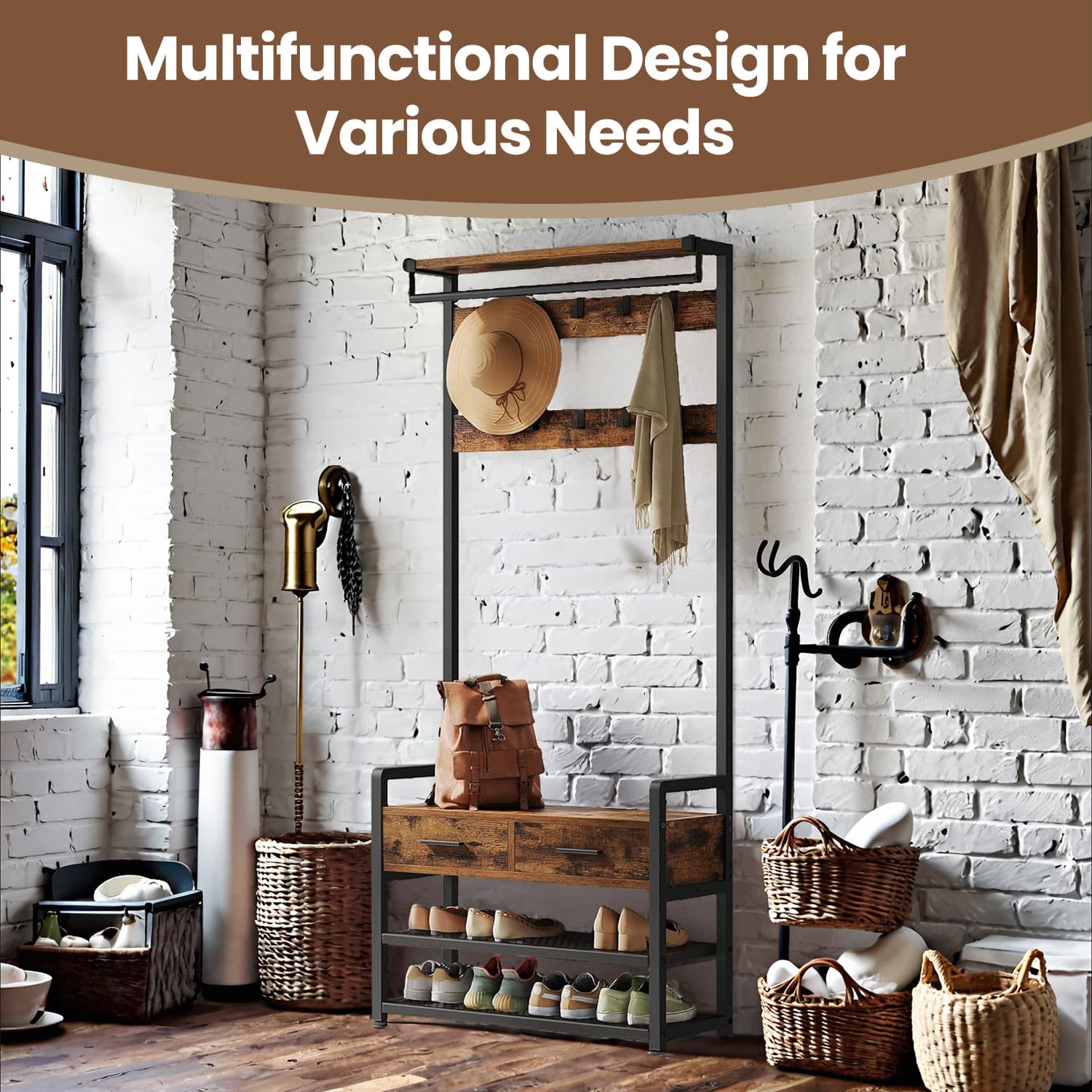 Coat and Shoe Rack – Wood – Brown – With Bench, 2 Fabric Drawers, and 10 Hooks