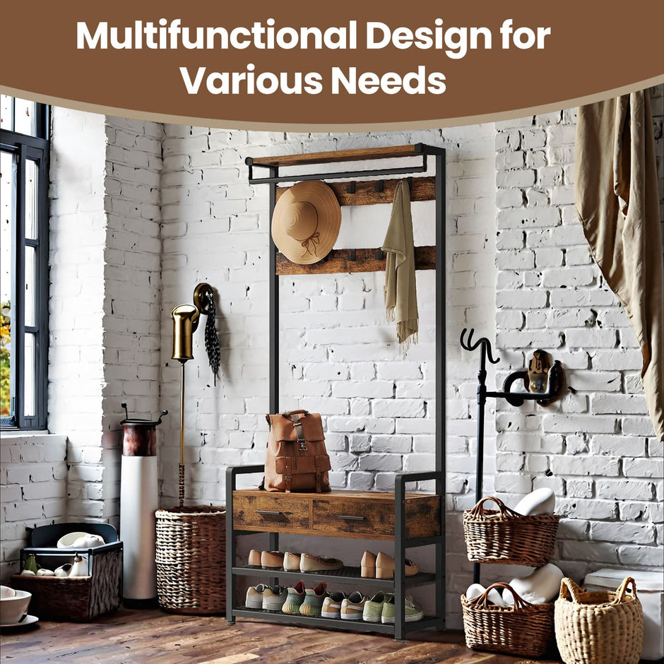 Coat and Shoe Rack – Wood – Brown – With Bench, 2 Fabric Drawers, and 10 Hooks