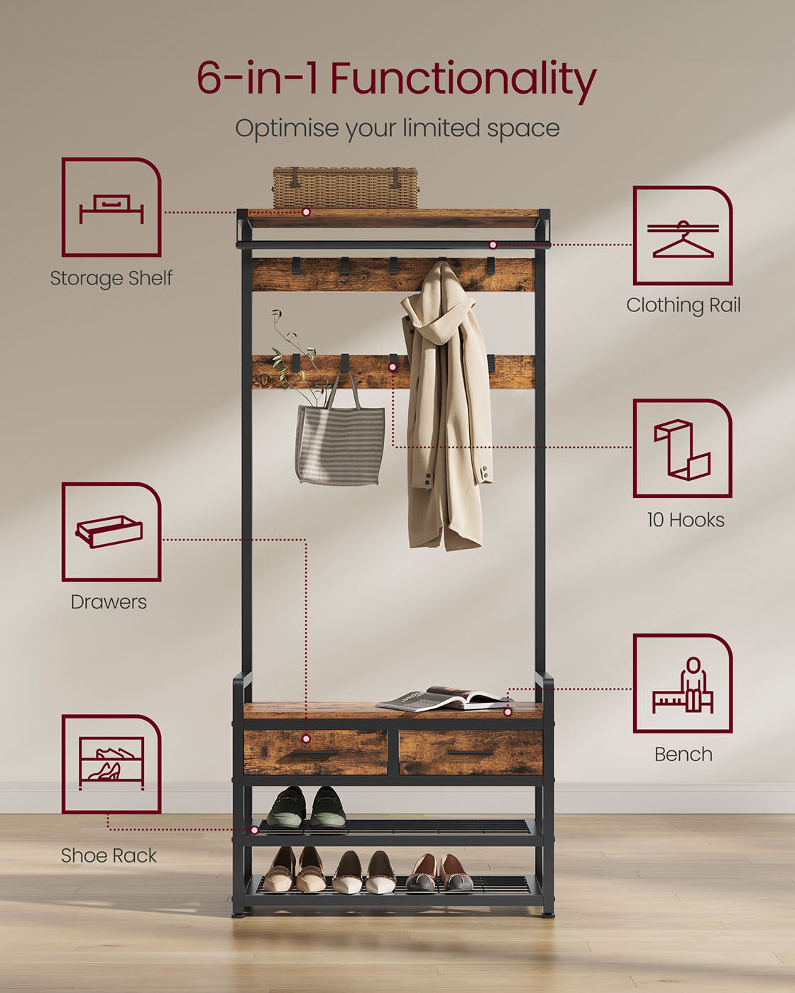 Hall Tree – Wood – Natural – With Bench, Shoe Storage, 2 Fabric Drawers, and 10 Hooks