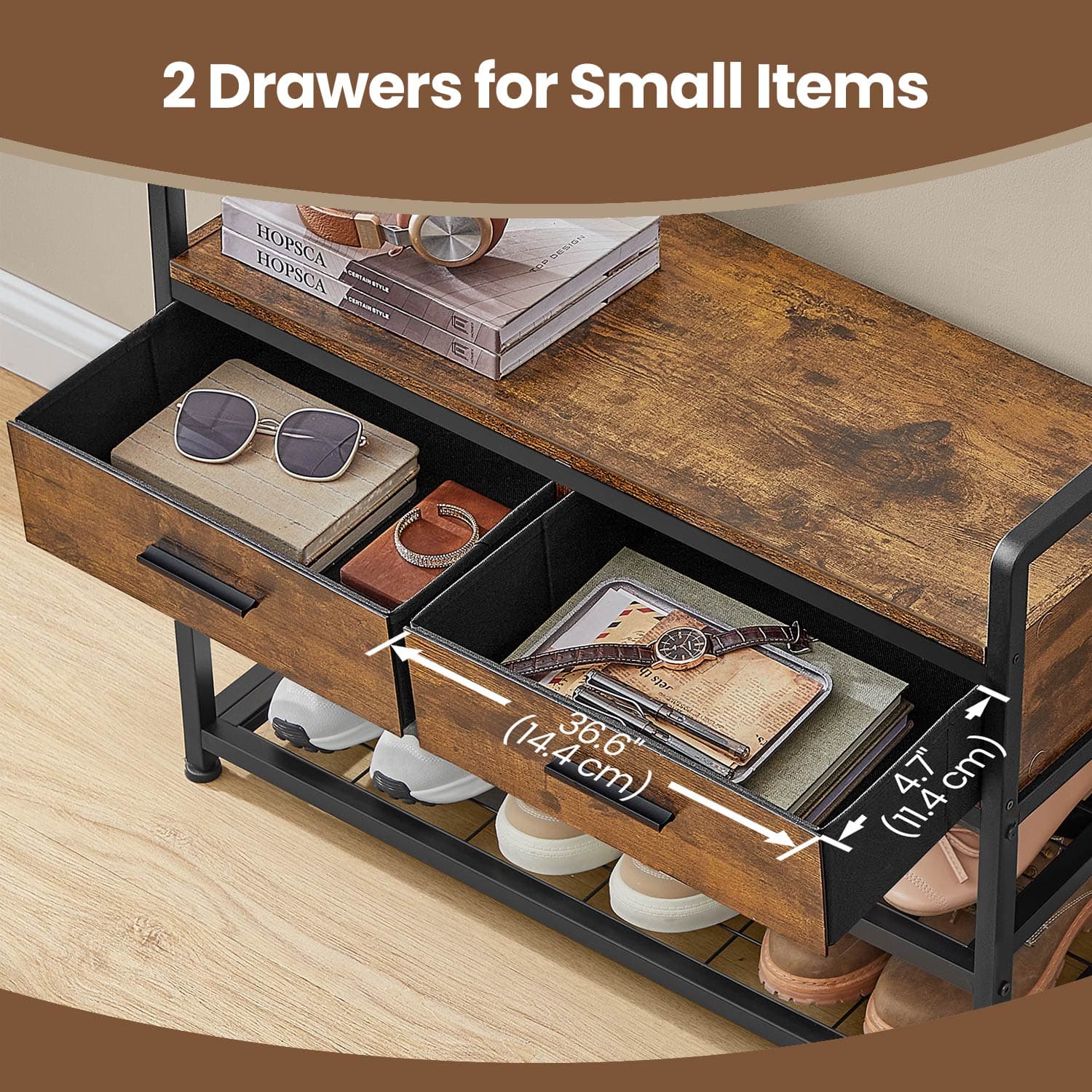 Coat and Shoe Rack – Wood – Brown – With Bench, 2 Fabric Drawers, and 10 Hooks