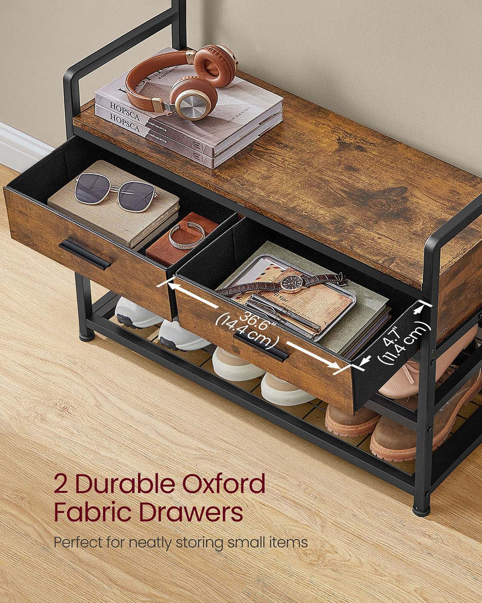 Hall Tree – Wood – Natural – With Bench, Shoe Storage, 2 Fabric Drawers, and 10 Hooks