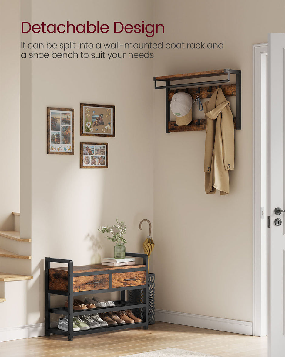 Hall Tree – Wood – Natural – With Bench, Shoe Storage, 2 Fabric Drawers, and 10 Hooks