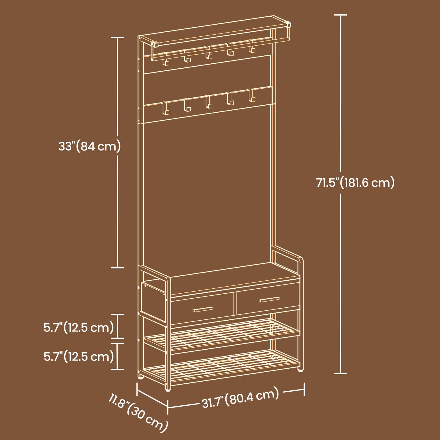 Coat and Shoe Rack – Wood – Brown – With Bench, 2 Fabric Drawers, and 10 Hooks