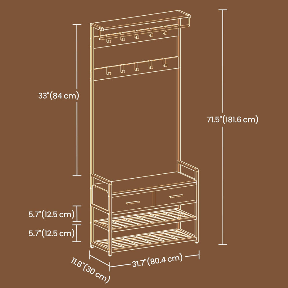 Coat and Shoe Rack – Wood – Brown – With Bench, 2 Fabric Drawers, and 10 Hooks