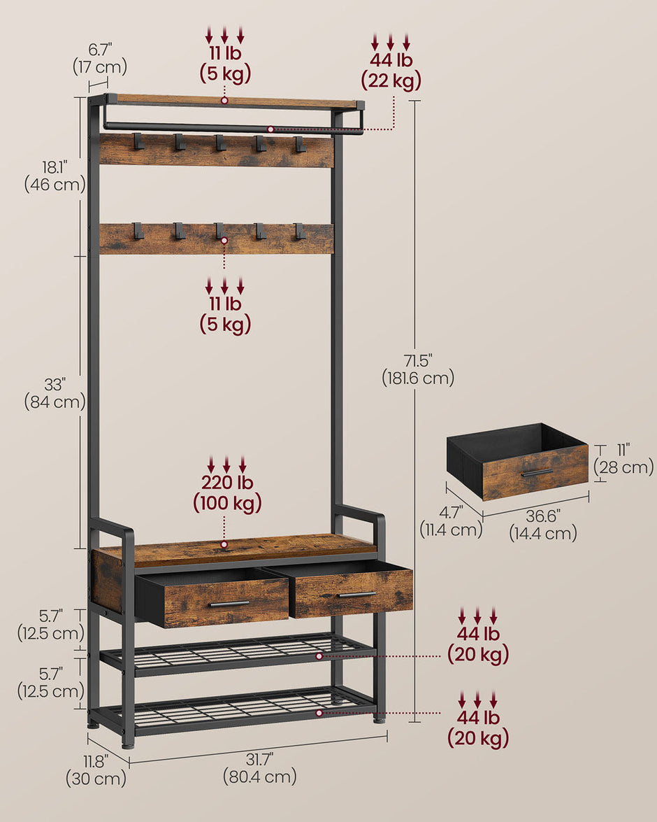 Hall Tree – Wood – Natural – With Bench, Shoe Storage, 2 Fabric Drawers, and 10 Hooks