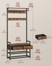 Hall Tree – Wood – Natural – With Bench, Shoe Storage, 2 Fabric Drawers, and 10 Hooks