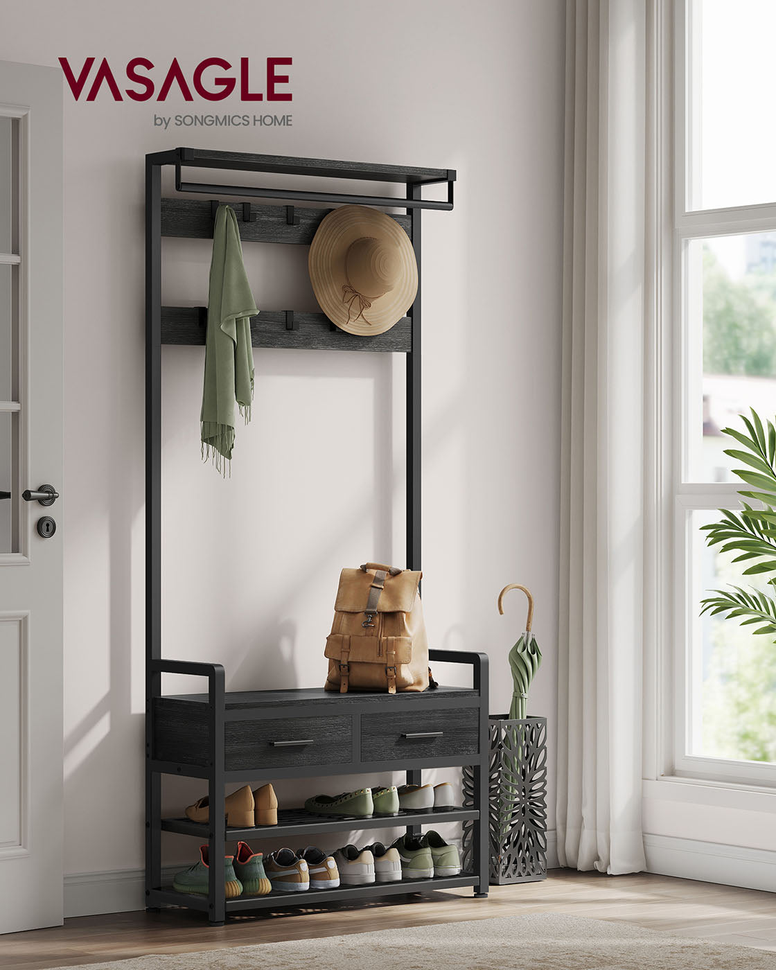 Hall Tree – Wood and Fabric – Stone Grey and Ink Black – Coat Rack with Bench and 2 Drawers