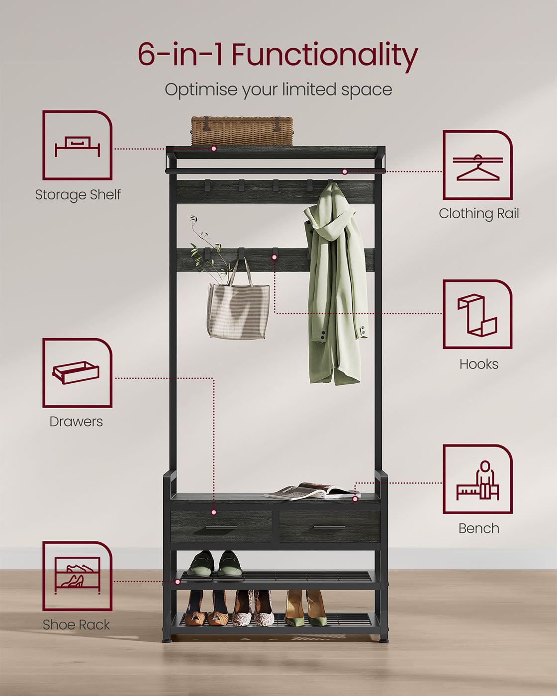 Hall Tree – Wood and Fabric – Stone Grey and Ink Black – Coat Rack with Bench and 2 Drawers