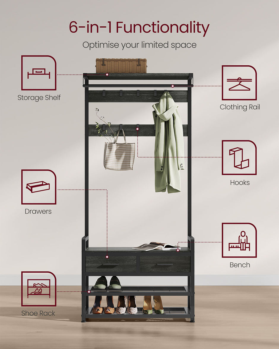 Hall Tree – Wood and Fabric – Stone Grey and Ink Black – Coat Rack with Bench and 2 Drawers