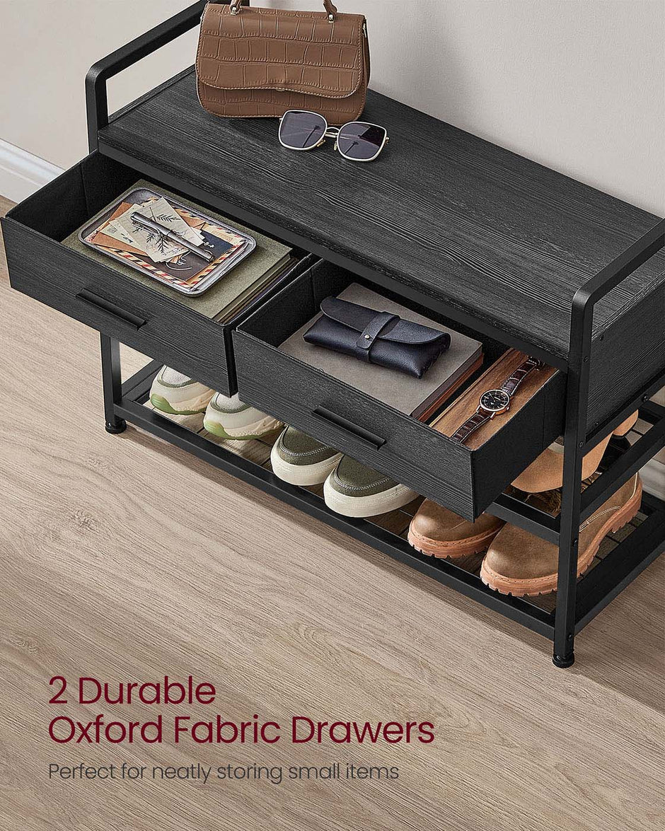 Hall Tree – Wood and Fabric – Stone Grey and Ink Black – Coat Rack with Bench and 2 Drawers