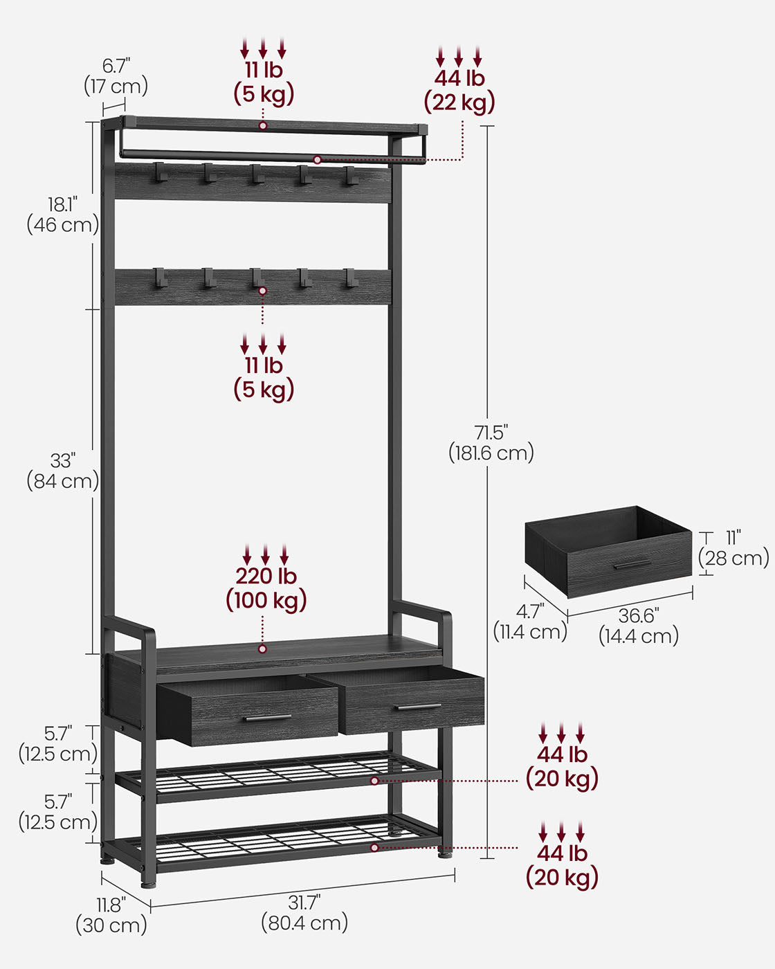 Hall Tree – Wood and Fabric – Stone Grey and Ink Black – Coat Rack with Bench and 2 Drawers