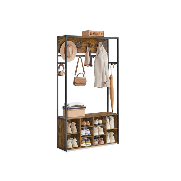 Hall Tree – Wood – Rustic Brown and Ink Black – Bench with Shoe Storage and Coat Rack