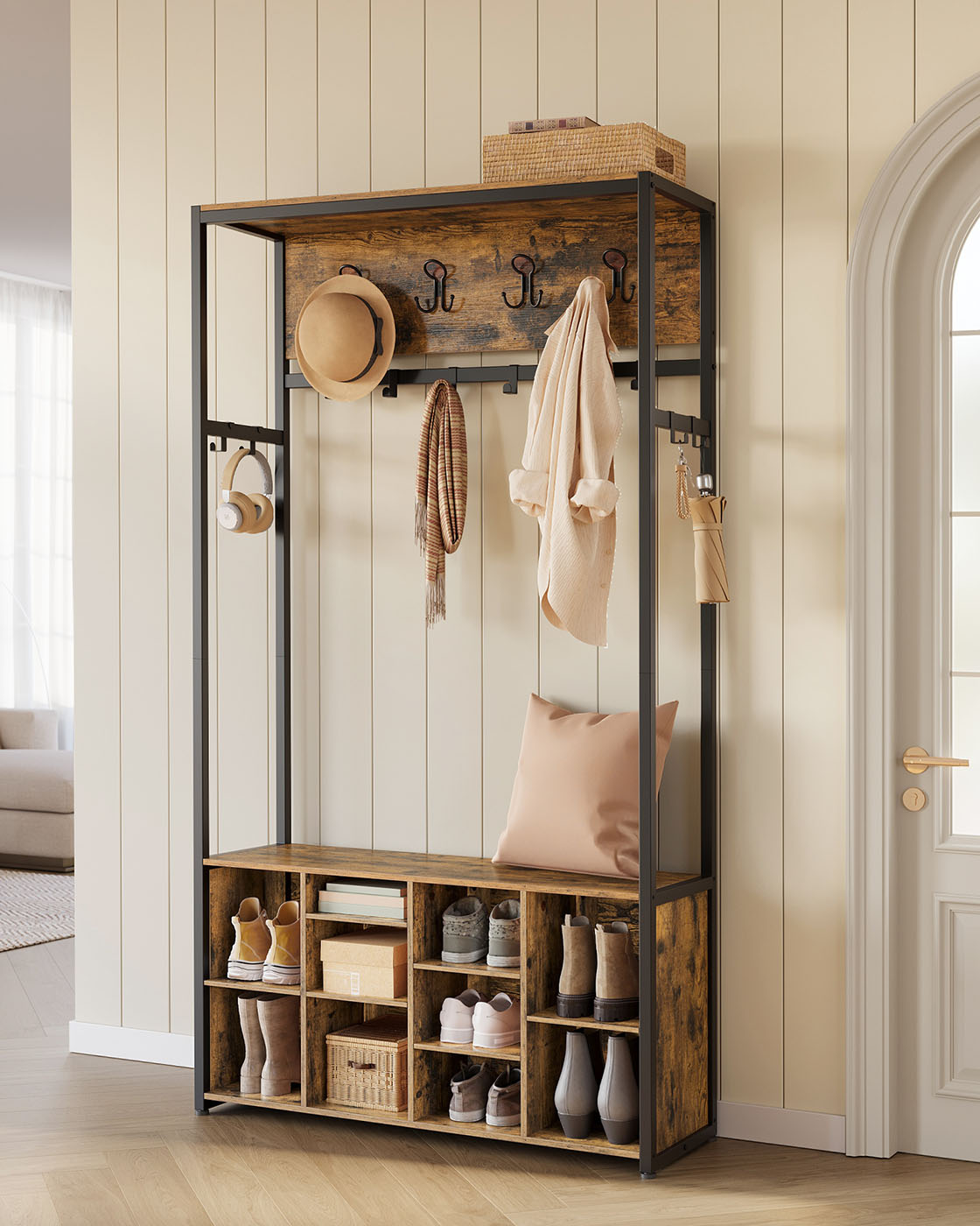 Hall Tree – Wood – Rustic Brown and Ink Black – Bench with Shoe Storage and Coat Rack