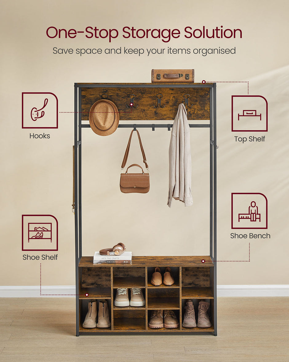 Hall Tree – Wood – Rustic Brown and Ink Black – Bench with Shoe Storage and Coat Rack