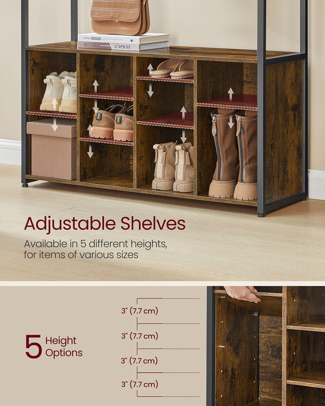 Hall Tree – Wood – Rustic Brown and Ink Black – Bench with Shoe Storage and Coat Rack